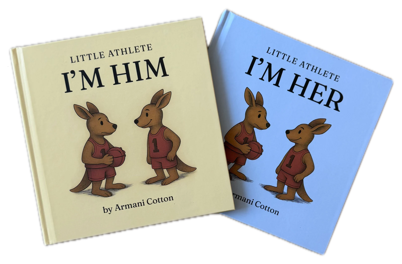 The two Little Athlete books by Armani Cotton, I'm Him and I'm Her — two kangaroos in red basketball kit on each cover
